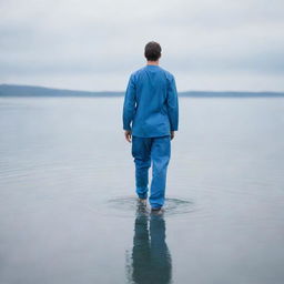 A male doctor in blue scrubs creating a surreal image by seemingly walking on the surface of a calm, expansive body of water.