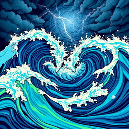A dynamic and abstract representation of unexpected waves, featuring vibrant colors and bold patterns