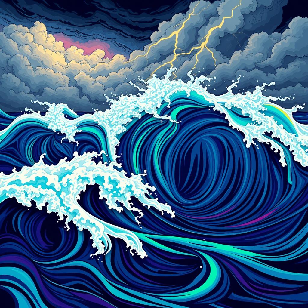 A dynamic and abstract representation of unexpected waves, featuring vibrant colors and bold patterns