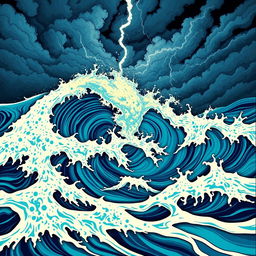 A dynamic and abstract representation of unexpected waves, featuring vibrant colors and bold patterns