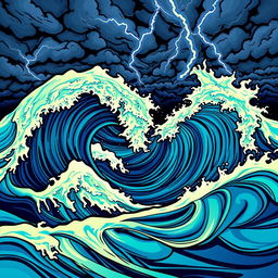 A dynamic and abstract representation of unexpected waves, featuring vibrant colors and bold patterns
