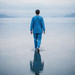 A male doctor in blue scrubs creating a surreal image by seemingly walking on the surface of a calm, expansive body of water.