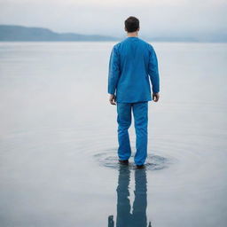 A male doctor in blue scrubs creating a surreal image by seemingly walking on the surface of a calm, expansive body of water.