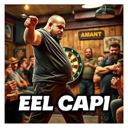 A family comedy scene featuring a 25-year-old dart player, slightly overweight and tall, with a shaved head showing signs of receding hairline and a short beard