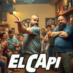 A family comedy scene featuring a 25-year-old dart player, slightly overweight and tall, with a shaved head showing signs of receding hairline and a short beard