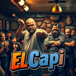 A family comedy scene featuring a 25-year-old dart player, slightly overweight and tall, with a shaved head showing signs of receding hairline and a short beard