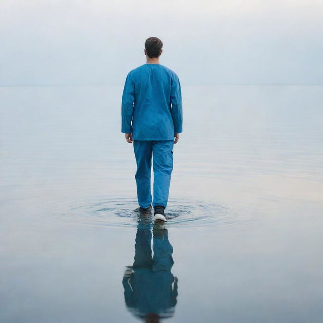 A male doctor in blue scrubs creating a surreal image by seemingly walking on the surface of a calm, expansive body of water.