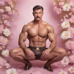 A hyperrealistic image of a muscular man in his 40s, with abs, a modern pompadour and a mustache, crouched in a lively pose. He's wearing a brown silk Sailor Moon outfit amidst an infinite background of white flowers and arabesques, surrounded by pink mist, lights, flashes of light, and a golden sun.