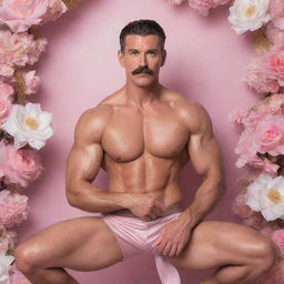 A hyperrealistic image of a muscular man in his 40s, with abs, a modern pompadour and a mustache, crouched in a lively pose. He's wearing a brown silk Sailor Moon outfit amidst an infinite background of white flowers and arabesques, surrounded by pink mist, lights, flashes of light, and a golden sun.