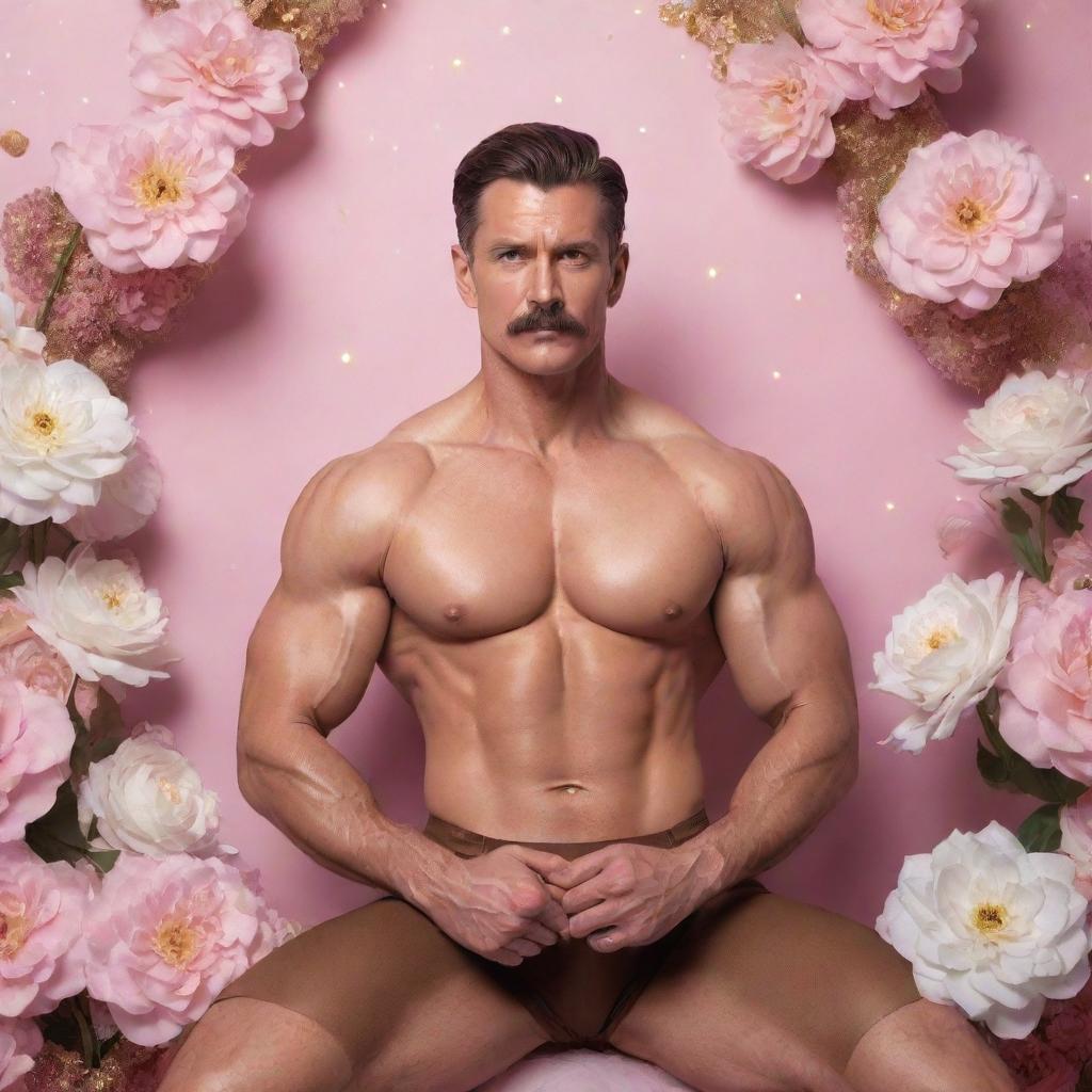 A hyperrealistic image of a muscular man in his 40s, with abs, a modern pompadour and a mustache, crouched in a lively pose. He's wearing a brown silk Sailor Moon outfit amidst an infinite background of white flowers and arabesques, surrounded by pink mist, lights, flashes of light, and a golden sun.