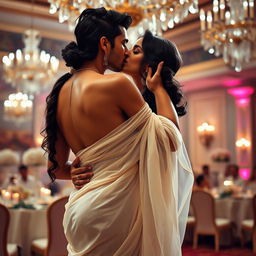 Sensual depiction of Rakul Preet in an elegant, white transparent saree that accentuates her curves, revealing her bare back as she removes her backless bra