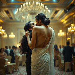 Sensual depiction of Rakul Preet in an elegant, white transparent saree that accentuates her curves, revealing her bare back as she removes her backless bra