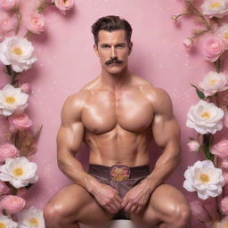 A hyperrealistic image of a muscular man in his 40s, with abs, a modern pompadour and a mustache, crouched in a lively pose. He's wearing a brown silk Sailor Moon outfit amidst an infinite background of white flowers and arabesques, surrounded by pink mist, lights, flashes of light, and a golden sun.