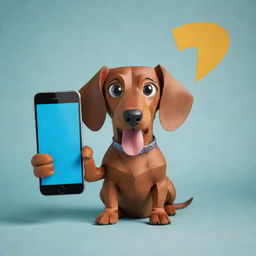 A colorful papercraft style image of an angry brown Dachshund dog holding an iPhone, with a prominent question mark on the iPhone's screen.