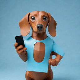 A colorful papercraft style image of an angry brown Dachshund dog holding an iPhone, with a prominent question mark on the iPhone's screen.