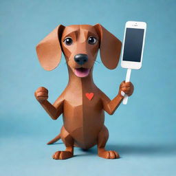 A colorful papercraft style image of an angry brown Dachshund dog holding an iPhone, with a prominent question mark on the iPhone's screen.