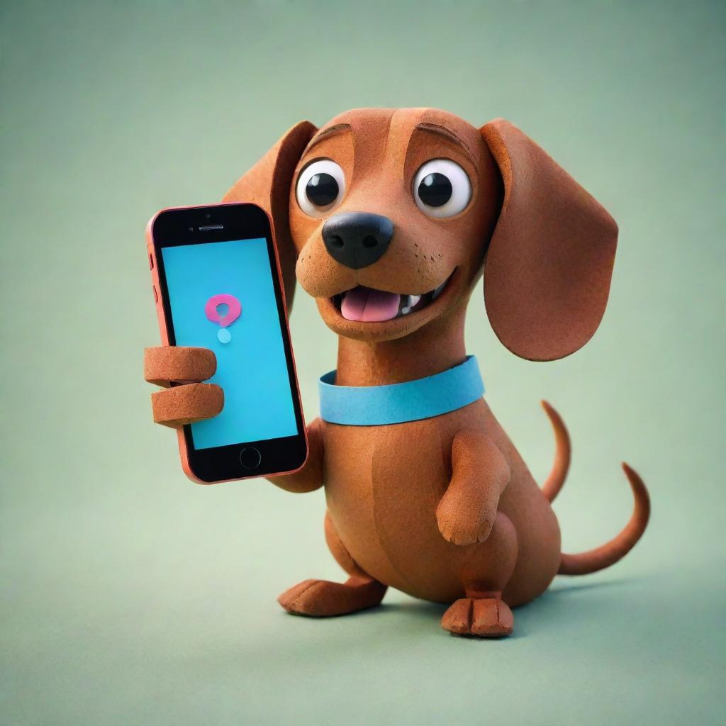 A colorful papercraft style image of an angry brown Dachshund dog holding an iPhone, with a prominent question mark on the iPhone's screen.