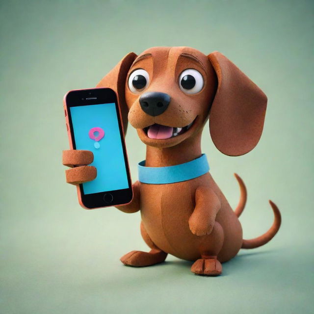 A colorful papercraft style image of an angry brown Dachshund dog holding an iPhone, with a prominent question mark on the iPhone's screen.