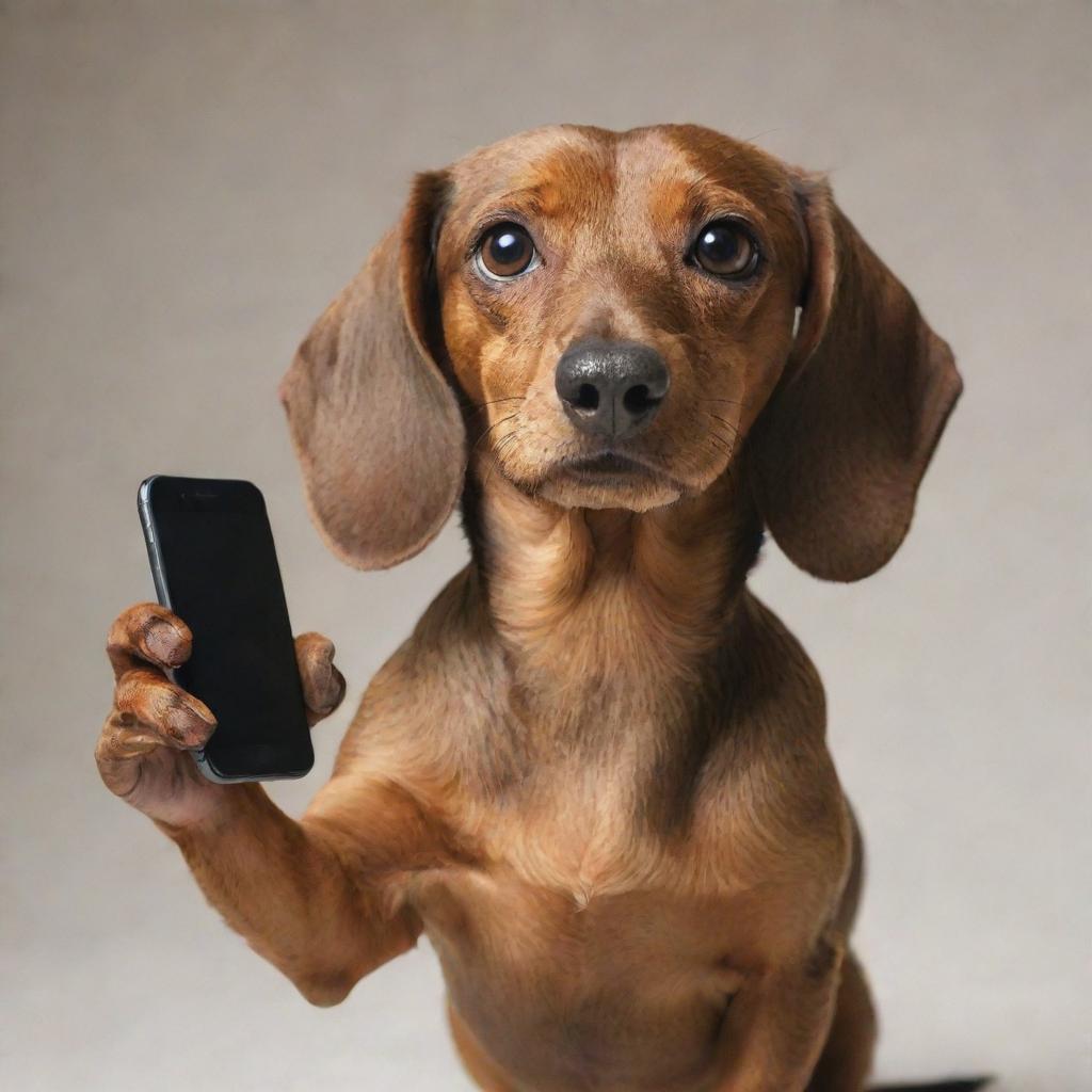 An image of an angry-faced brown Dachshund dog, cleverly holding an iPhone in its paws.