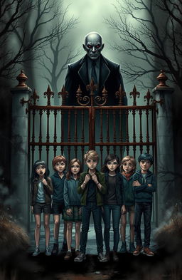 A dark and mysterious school setting, featuring an ominous principal with a sinister expression, surrounded by shadows that hint at a haunted atmosphere