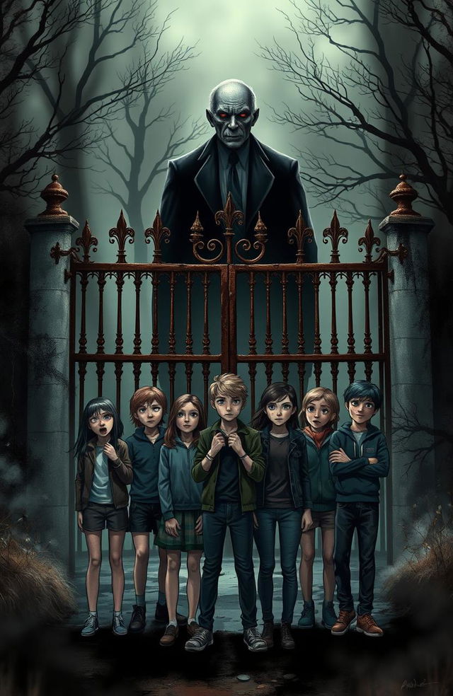 A dark and mysterious school setting, featuring an ominous principal with a sinister expression, surrounded by shadows that hint at a haunted atmosphere
