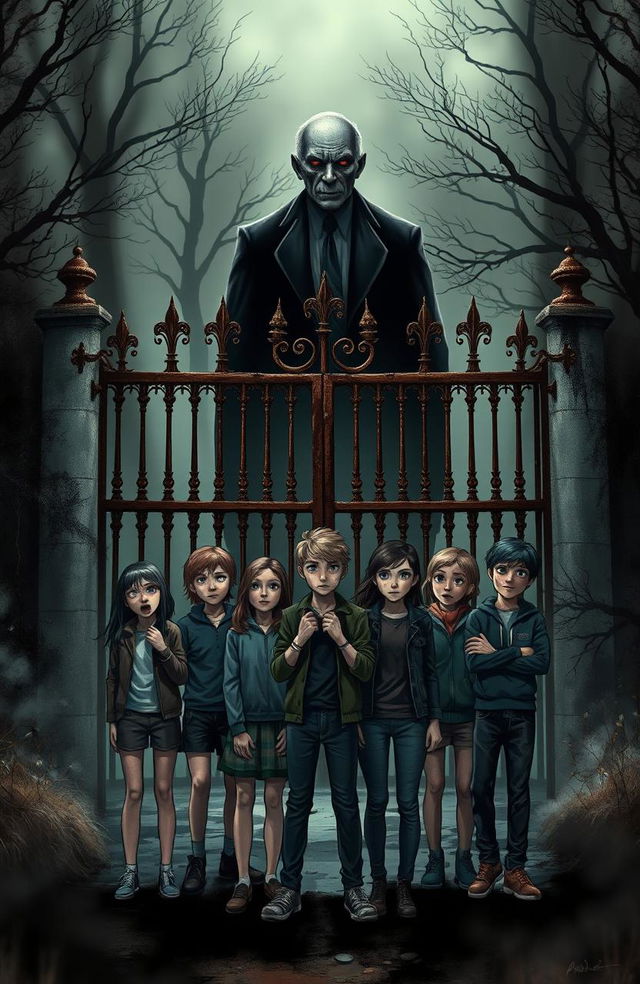 A dark and mysterious school setting, featuring an ominous principal with a sinister expression, surrounded by shadows that hint at a haunted atmosphere