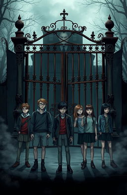 A dark and mysterious school setting, featuring an ominous principal with a sinister expression, surrounded by shadows that hint at a haunted atmosphere