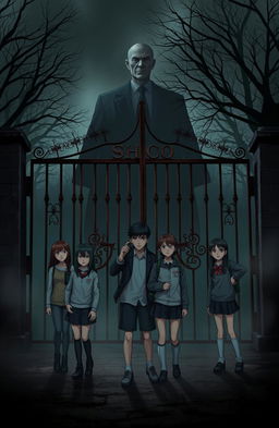 A dark and mysterious school setting, featuring an ominous principal with a sinister expression, surrounded by shadows that hint at a haunted atmosphere