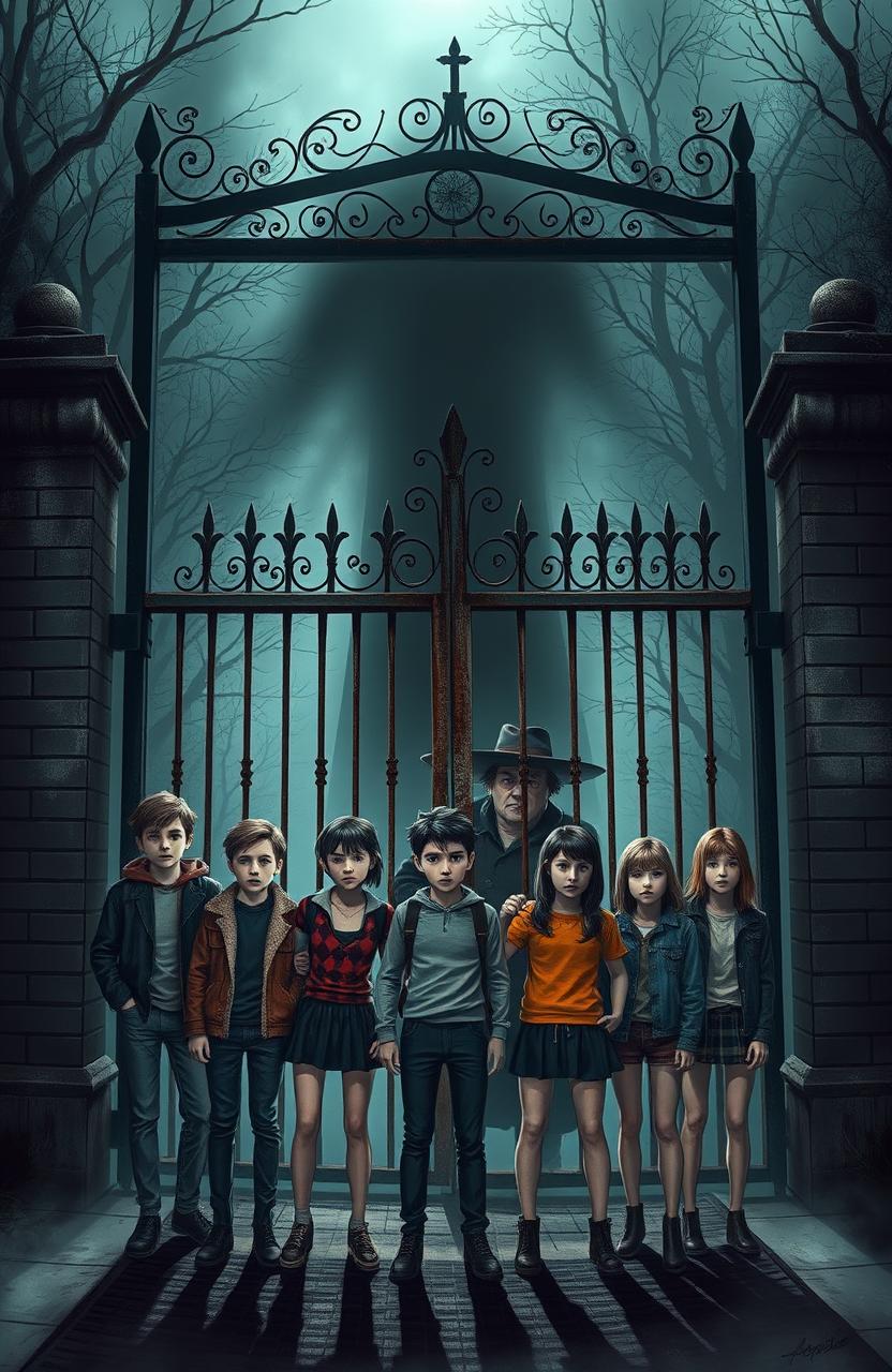 A dark and mysterious school setting, featuring an ominous principal with a sinister expression, surrounded by shadows that hint at a haunted atmosphere