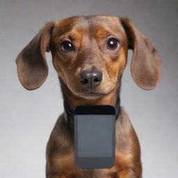 An image of an angry-faced brown Dachshund dog, cleverly holding an iPhone in its paws.