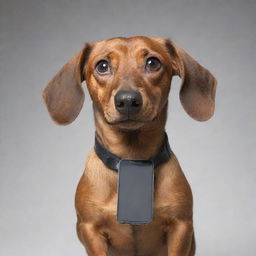 An image of an angry-faced brown Dachshund dog, cleverly holding an iPhone in its paws.