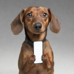 An image of an angry-faced brown Dachshund dog, cleverly holding an iPhone in its paws.