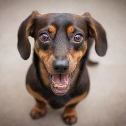 A striking image of a brown Dachshund dog appearing extremely angry, showing its teeth, with intense red eyes, gripping tightly onto an iPhone.