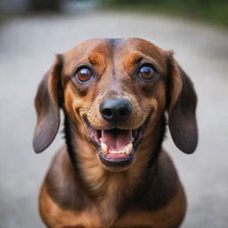 A striking image of a brown Dachshund dog appearing extremely angry, showing its teeth, with intense red eyes, gripping tightly onto an iPhone.