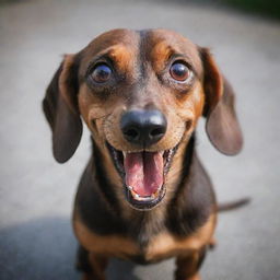 A striking image of a brown Dachshund dog appearing extremely angry, showing its teeth, with intense red eyes, gripping tightly onto an iPhone.