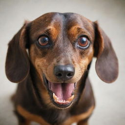 A striking image of a brown Dachshund dog appearing extremely angry, showing its teeth, with intense red eyes, gripping tightly onto an iPhone.