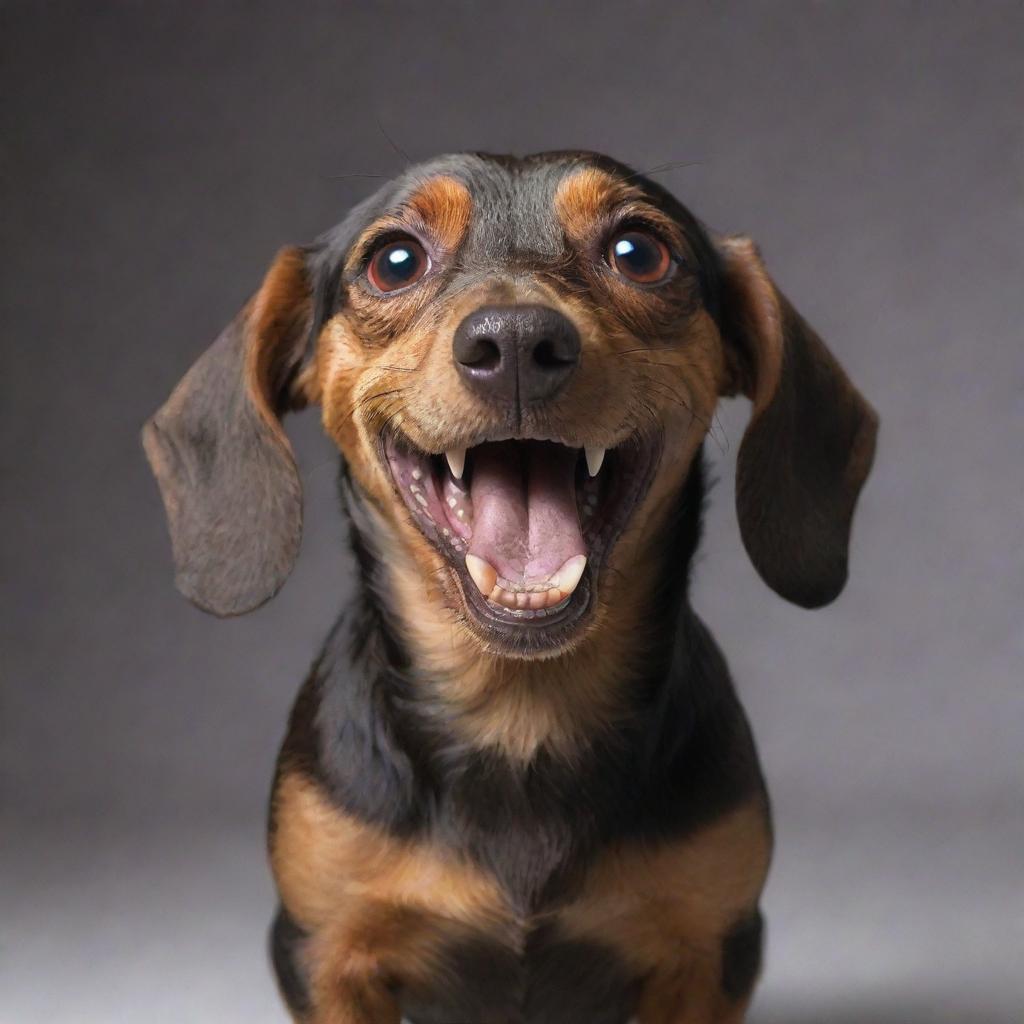 A powerful image displaying a brown Dachshund dog full of anger, bearing its teeth, red eyes alight with fury, tightly clutching an iPhone. The dog is not smiling, not happy, and not friendly.