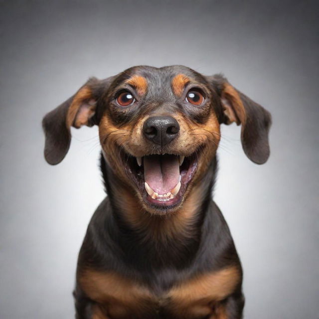 A powerful image displaying a brown Dachshund dog full of anger, bearing its teeth, red eyes alight with fury, tightly clutching an iPhone. The dog is not smiling, not happy, and not friendly.