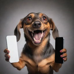 A powerful image displaying a brown Dachshund dog full of anger, bearing its teeth, red eyes alight with fury, tightly clutching an iPhone. The dog is not smiling, not happy, and not friendly.