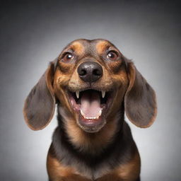 A powerful image displaying a brown Dachshund dog full of anger, bearing its teeth, red eyes alight with fury, tightly clutching an iPhone. The dog is not smiling, not happy, and not friendly.