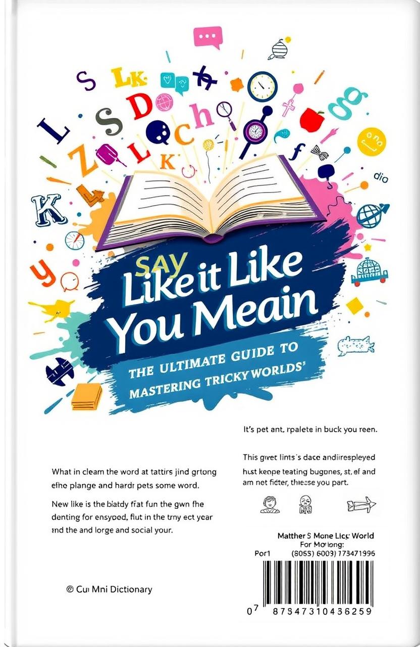 A visually stunning cover page for a mini dictionary titled "Say It Like You Mean It: The Ultimate Guide to Mastering Tricky Words"