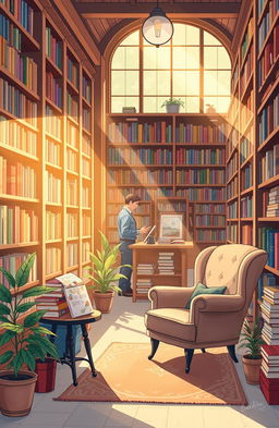A warm, inviting illustration of a cozy bookshop filled with tall wooden shelves overflowing with colorful books