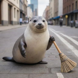 A charming and diligent seal holding a broom, happily sweeping a vibrant city street, buildings in the background.