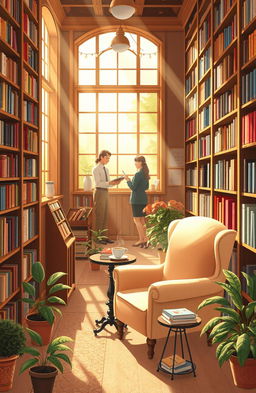A warm, inviting illustration of a cozy bookshop filled with tall wooden shelves overflowing with colorful books