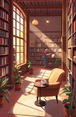 A warm, inviting illustration of a cozy bookshop filled with tall wooden shelves overflowing with colorful books