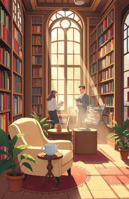 A warm, inviting illustration of a cozy bookshop filled with tall wooden shelves overflowing with colorful books
