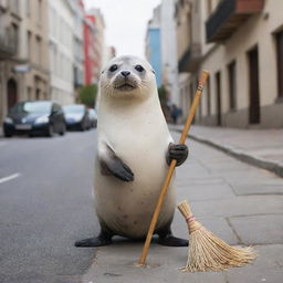 A charming and diligent seal holding a broom, happily sweeping a vibrant city street, buildings in the background.