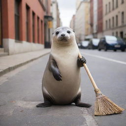 A charming and diligent seal holding a broom, happily sweeping a vibrant city street, buildings in the background.