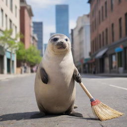 A charming and diligent seal holding a broom, happily sweeping a vibrant city street, buildings in the background.