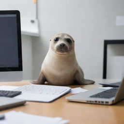 A focused seal sitting at a modern computer desk, intensely working on a laptop, surrounded by office supplies.